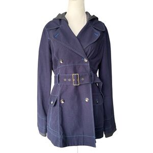 Free People Double-Breasted Navy Belted Hooded Coat